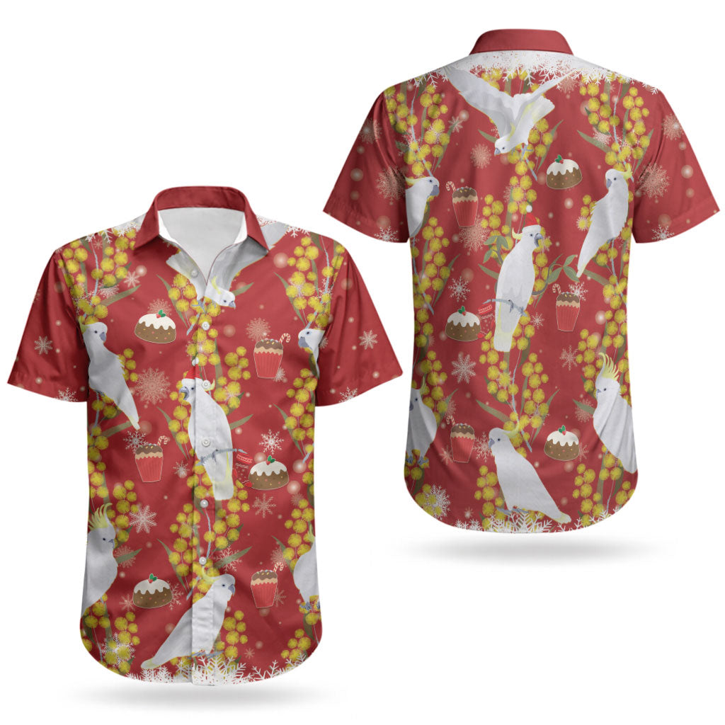 Australia Sulphur-crested Cockatoo Christmas Couples Matching Off Shoulder Short Dress and Hawaiian Shirt Aussie Golden Wattle Seamless Style LT22