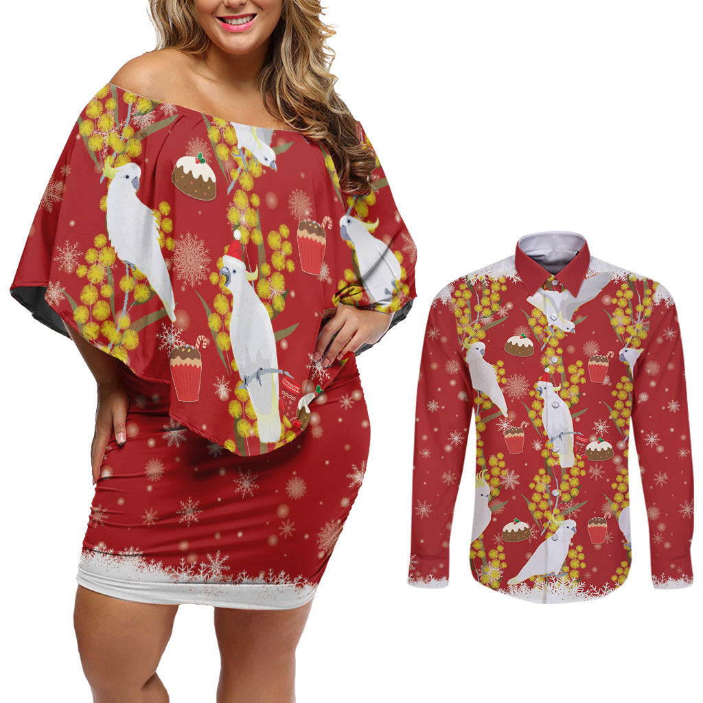 Australia Sulphur-crested Cockatoo Christmas Couples Matching Off Shoulder Short Dress and Long Sleeve Button Shirt Aussie Golden Wattle Seamless Style
