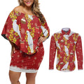 Australia Sulphur-crested Cockatoo Christmas Couples Matching Off Shoulder Short Dress and Long Sleeve Button Shirt Aussie Golden Wattle Seamless Style