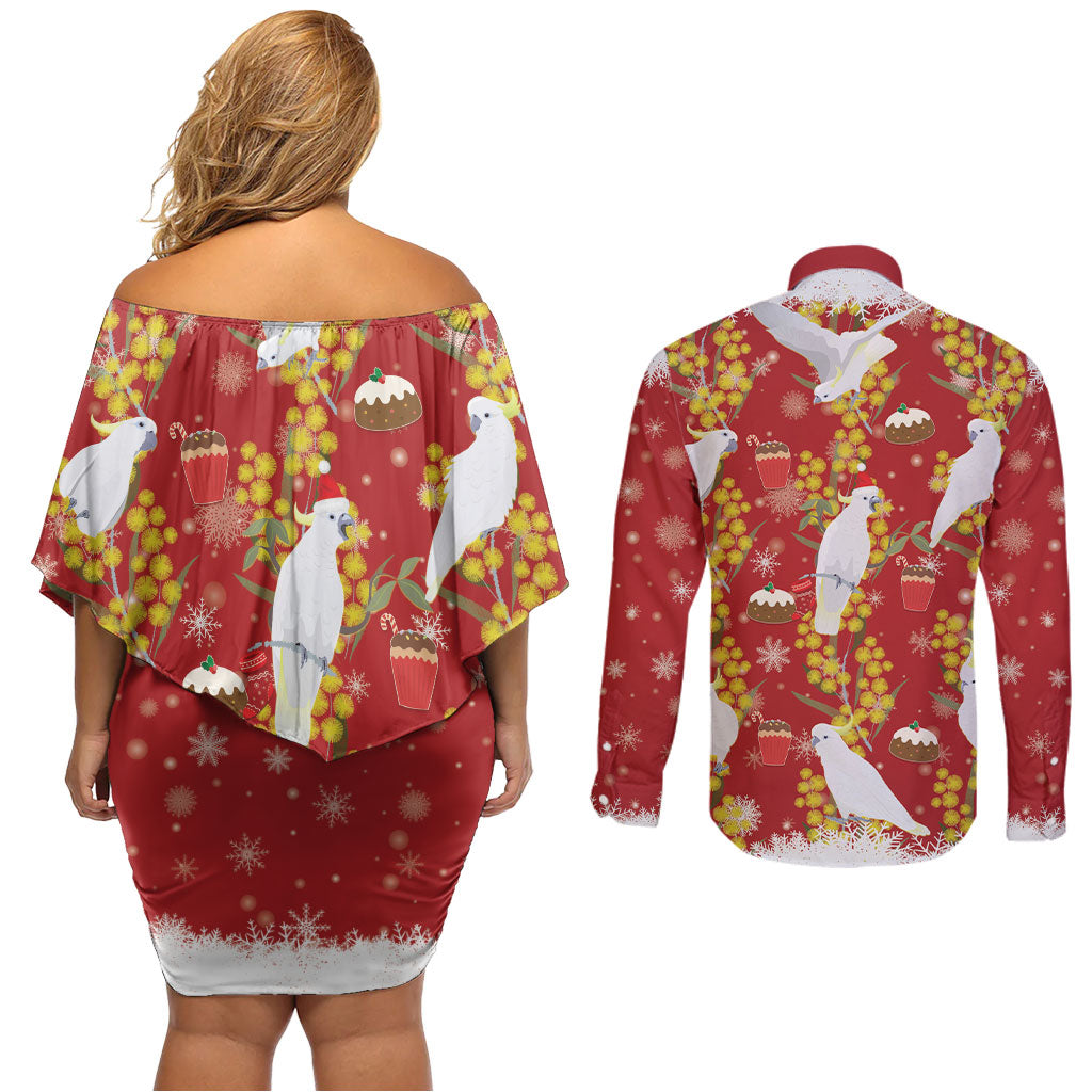Australia Sulphur-crested Cockatoo Christmas Couples Matching Off Shoulder Short Dress and Long Sleeve Button Shirt Aussie Golden Wattle Seamless Style