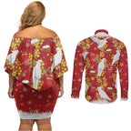 Australia Sulphur-crested Cockatoo Christmas Couples Matching Off Shoulder Short Dress and Long Sleeve Button Shirt Aussie Golden Wattle Seamless Style