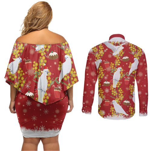 Australia Sulphur-crested Cockatoo Christmas Couples Matching Off Shoulder Short Dress and Long Sleeve Button Shirt Aussie Golden Wattle Seamless Style
