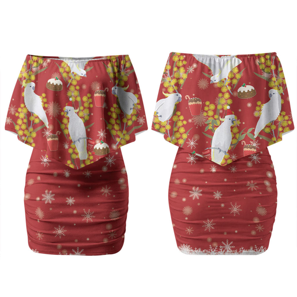 Australia Sulphur-crested Cockatoo Christmas Couples Matching Off Shoulder Short Dress and Long Sleeve Button Shirt Aussie Golden Wattle Seamless Style LT22
