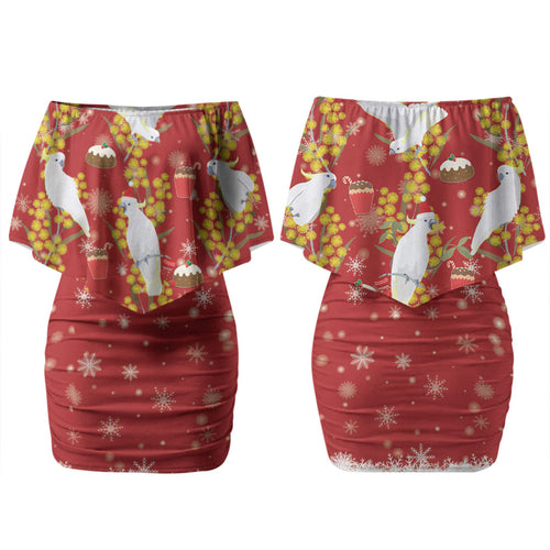 Australia Sulphur-crested Cockatoo Christmas Couples Matching Off Shoulder Short Dress and Long Sleeve Button Shirt Aussie Golden Wattle Seamless Style LT22