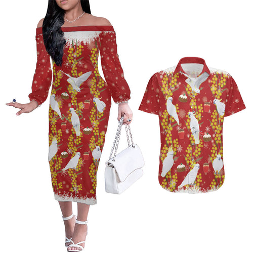Australia Sulphur-crested Cockatoo Christmas Couples Matching Off The Shoulder Long Sleeve Dress and Hawaiian Shirt Aussie Golden Wattle Seamless Style