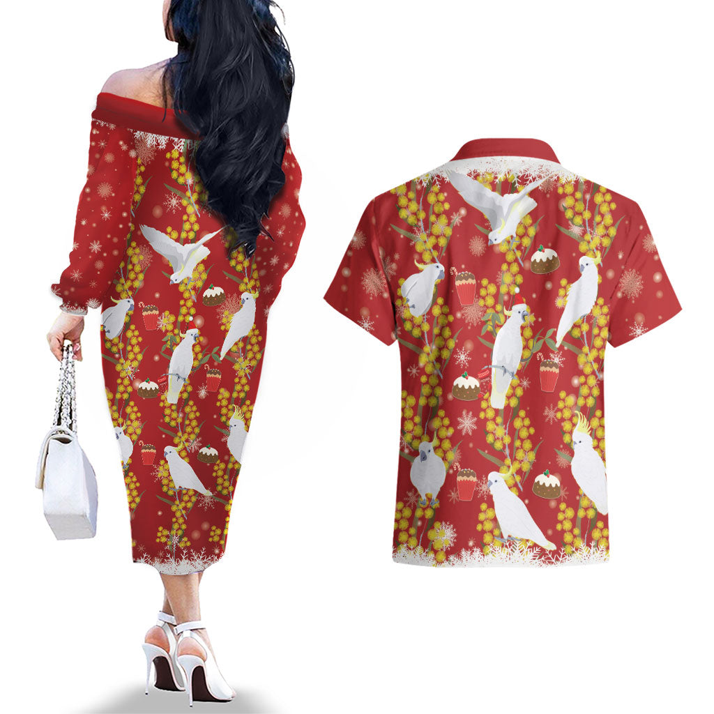 Australia Sulphur-crested Cockatoo Christmas Couples Matching Off The Shoulder Long Sleeve Dress and Hawaiian Shirt Aussie Golden Wattle Seamless Style