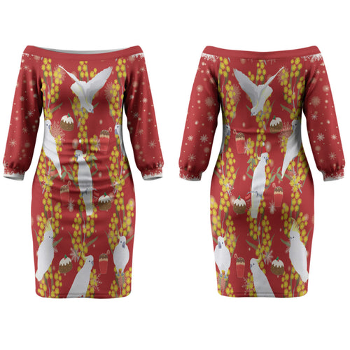 Australia Sulphur-crested Cockatoo Christmas Couples Matching Off The Shoulder Long Sleeve Dress and Long Sleeve Button Shirt Aussie Golden Wattle Seamless Style LT22