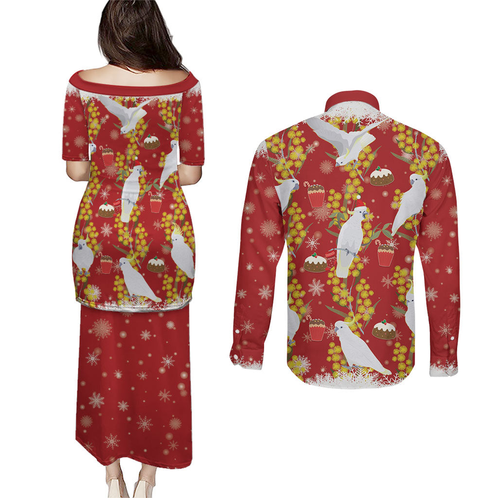 Australia Sulphur-crested Cockatoo Christmas Couples Matching Puletasi and Long Sleeve Button Shirt Aussie Golden Wattle Seamless Style