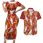 Australia Sulphur-crested Cockatoo Christmas Couples Matching Short Sleeve Bodycon Dress and Hawaiian Shirt Aussie Golden Wattle Seamless Style