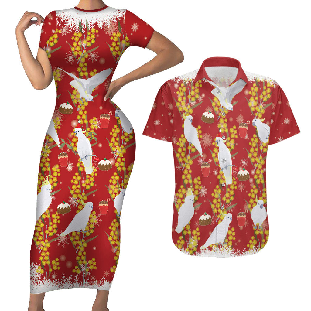 Australia Sulphur-crested Cockatoo Christmas Couples Matching Short Sleeve Bodycon Dress and Hawaiian Shirt Aussie Golden Wattle Seamless Style