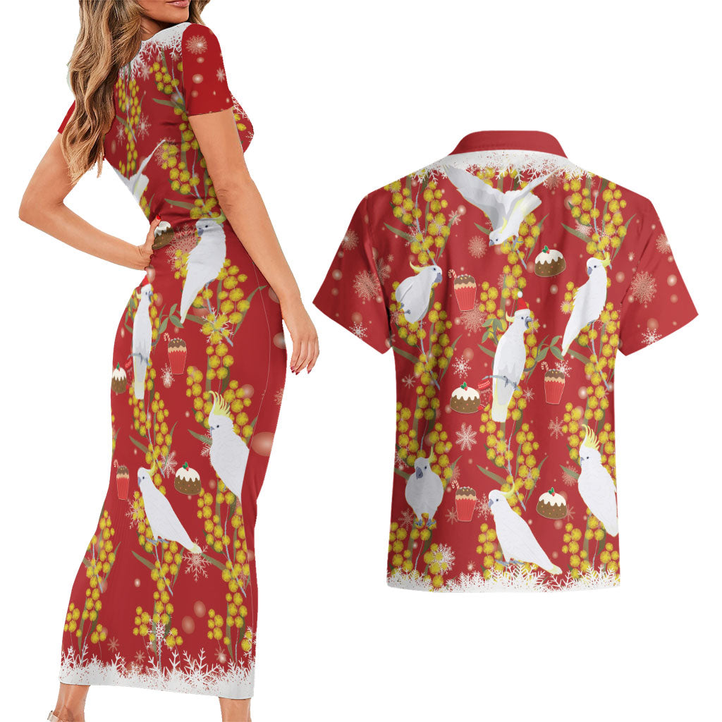 Australia Sulphur-crested Cockatoo Christmas Couples Matching Short Sleeve Bodycon Dress and Hawaiian Shirt Aussie Golden Wattle Seamless Style