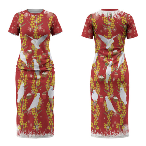 Australia Sulphur-crested Cockatoo Christmas Couples Matching Short Sleeve Bodycon Dress and Hawaiian Shirt Aussie Golden Wattle Seamless Style LT22