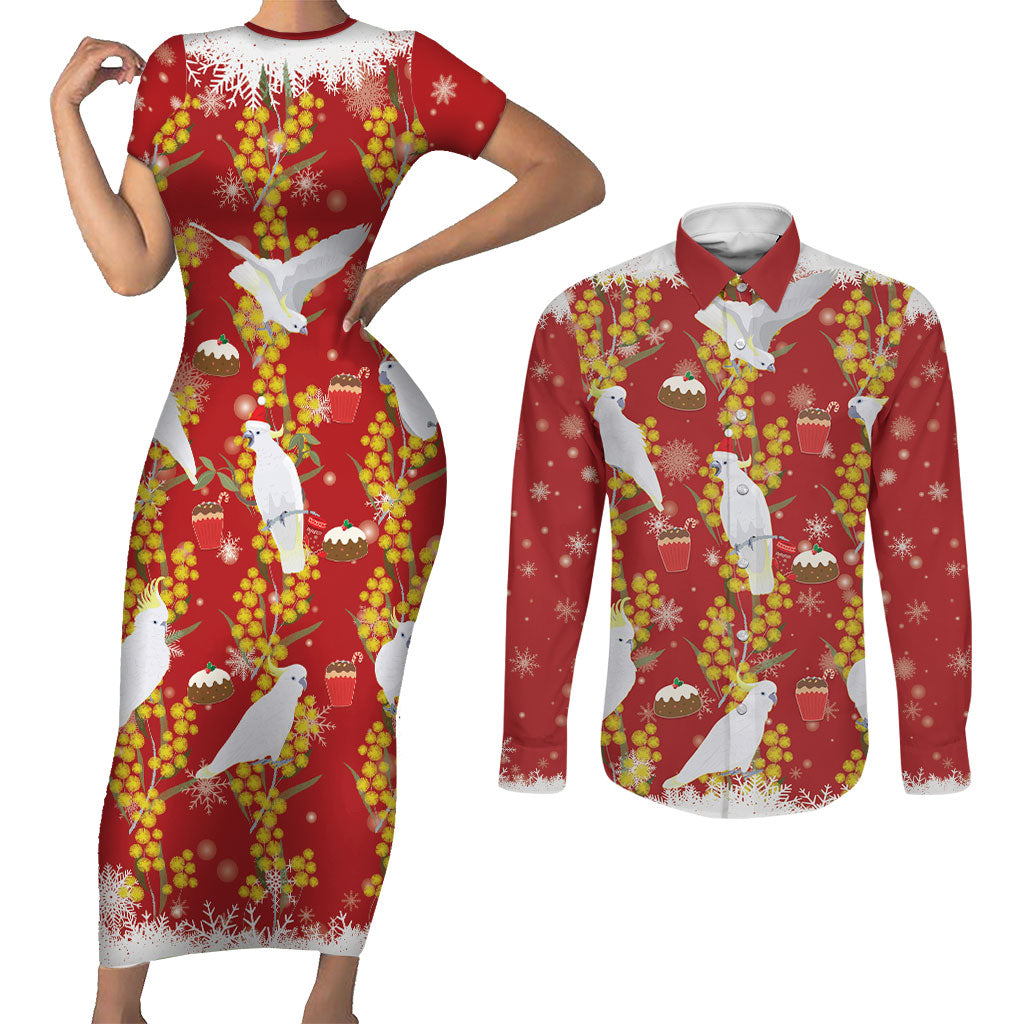 Australia Sulphur-crested Cockatoo Christmas Couples Matching Short Sleeve Bodycon Dress and Long Sleeve Button Shirt Aussie Golden Wattle Seamless Style