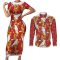 Australia Sulphur-crested Cockatoo Christmas Couples Matching Short Sleeve Bodycon Dress and Long Sleeve Button Shirt Aussie Golden Wattle Seamless Style