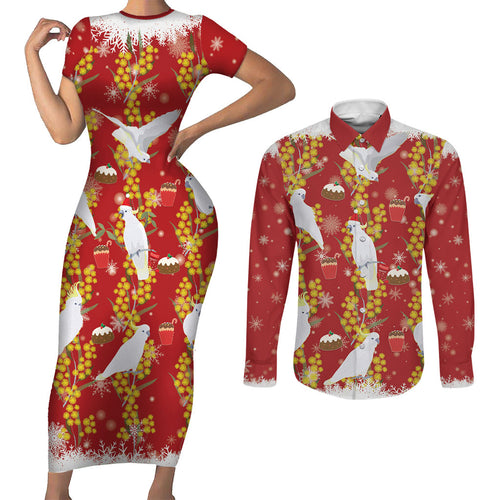 Australia Sulphur-crested Cockatoo Christmas Couples Matching Short Sleeve Bodycon Dress and Long Sleeve Button Shirt Aussie Golden Wattle Seamless Style