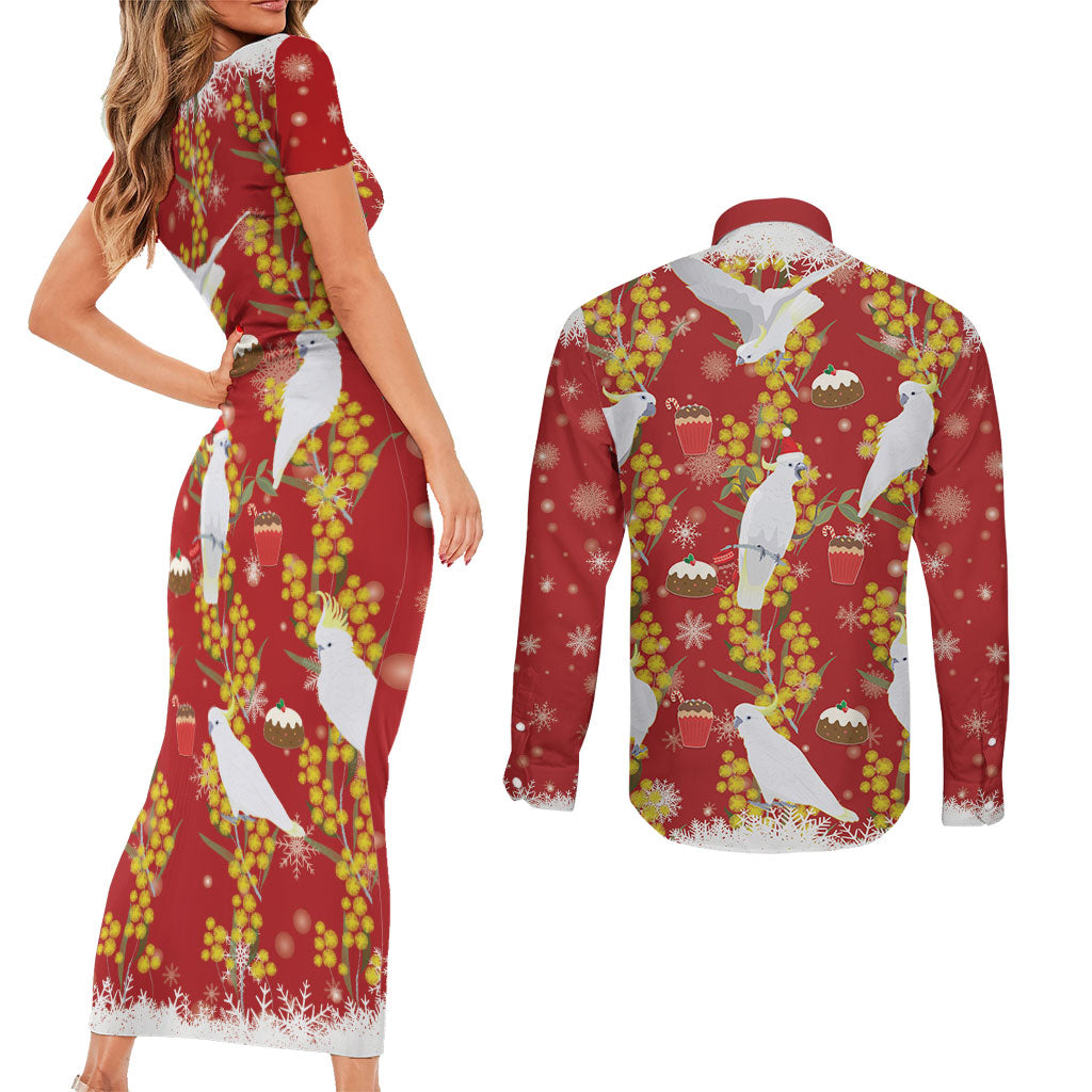 Australia Sulphur-crested Cockatoo Christmas Couples Matching Short Sleeve Bodycon Dress and Long Sleeve Button Shirt Aussie Golden Wattle Seamless Style