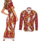 Australia Sulphur-crested Cockatoo Christmas Couples Matching Short Sleeve Bodycon Dress and Long Sleeve Button Shirt Aussie Golden Wattle Seamless Style