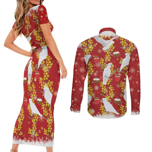 Australia Sulphur-crested Cockatoo Christmas Couples Matching Short Sleeve Bodycon Dress and Long Sleeve Button Shirt Aussie Golden Wattle Seamless Style
