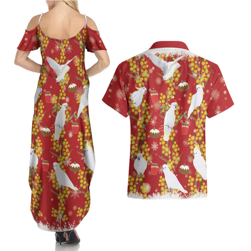 Australia Sulphur-crested Cockatoo Christmas Couples Matching Summer Maxi Dress and Hawaiian Shirt Aussie Golden Wattle Seamless Style