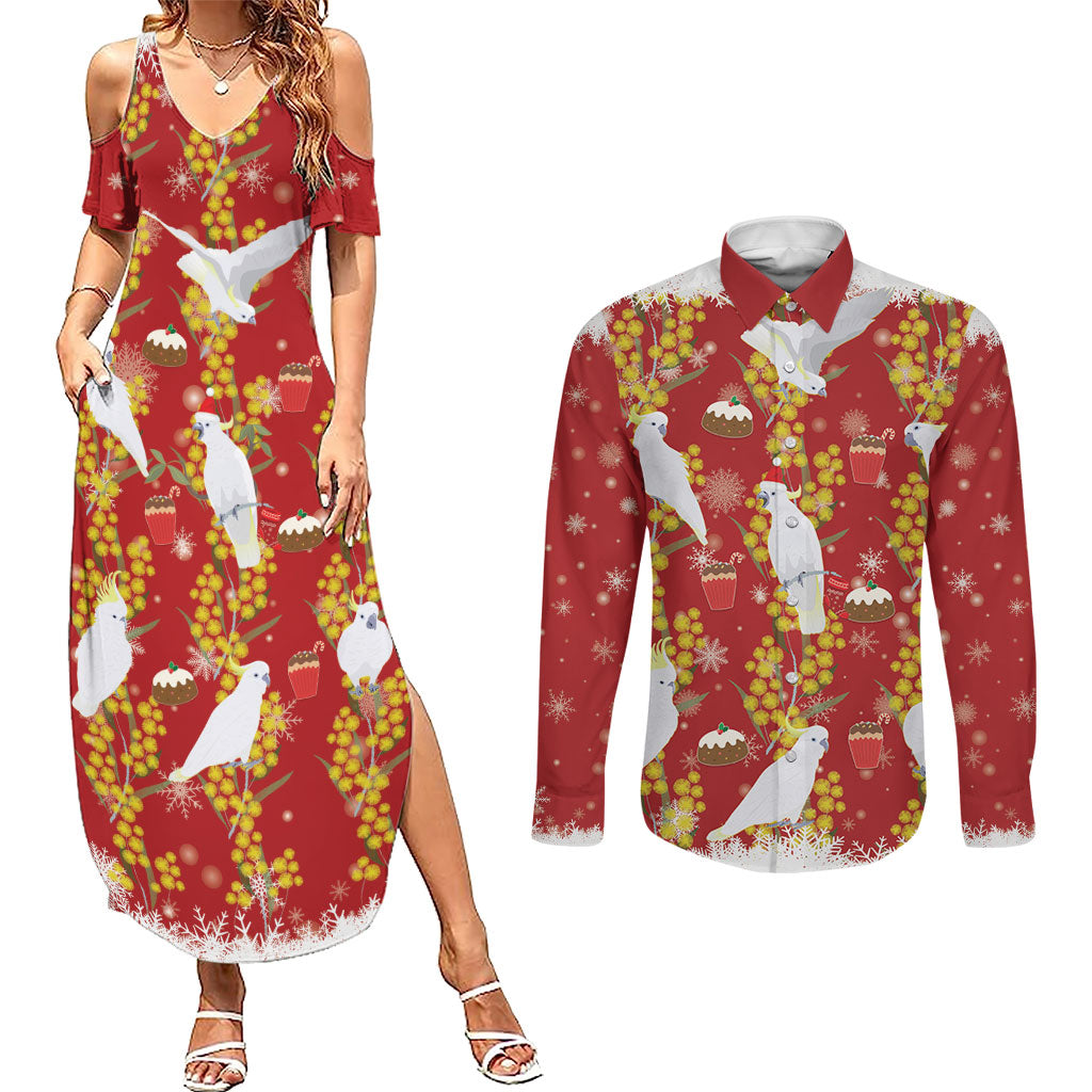 Australia Sulphur-crested Cockatoo Christmas Couples Matching Summer Maxi Dress and Long Sleeve Button Shirt Aussie Golden Wattle Seamless Style