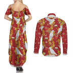 Australia Sulphur-crested Cockatoo Christmas Couples Matching Summer Maxi Dress and Long Sleeve Button Shirt Aussie Golden Wattle Seamless Style
