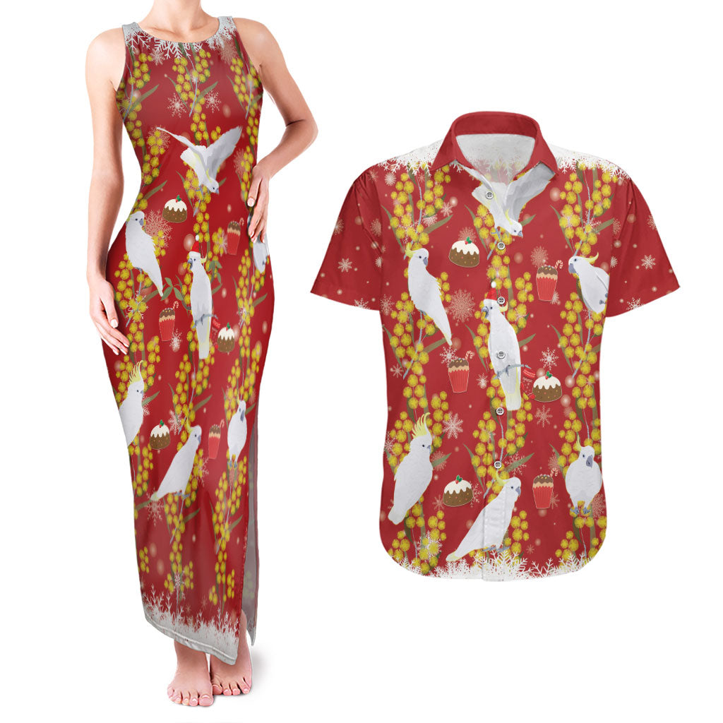 Australia Sulphur-crested Cockatoo Christmas Couples Matching Tank Maxi Dress and Hawaiian Shirt Aussie Golden Wattle Seamless Style