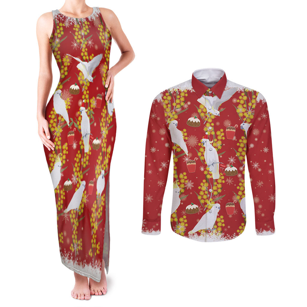 Australia Sulphur-crested Cockatoo Christmas Couples Matching Tank Maxi Dress and Long Sleeve Button Shirt Aussie Golden Wattle Seamless Style