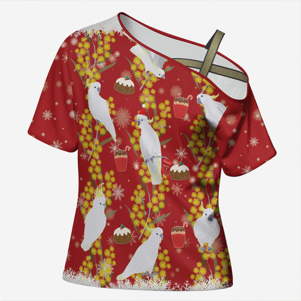 Australia Sulphur-crested Cockatoo Christmas Cross Shoulder Shirt Aussie Golden Wattle Seamless Style
