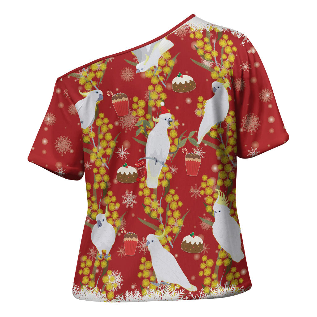 Australia Sulphur-crested Cockatoo Christmas Cross Shoulder Shirt Aussie Golden Wattle Seamless Style