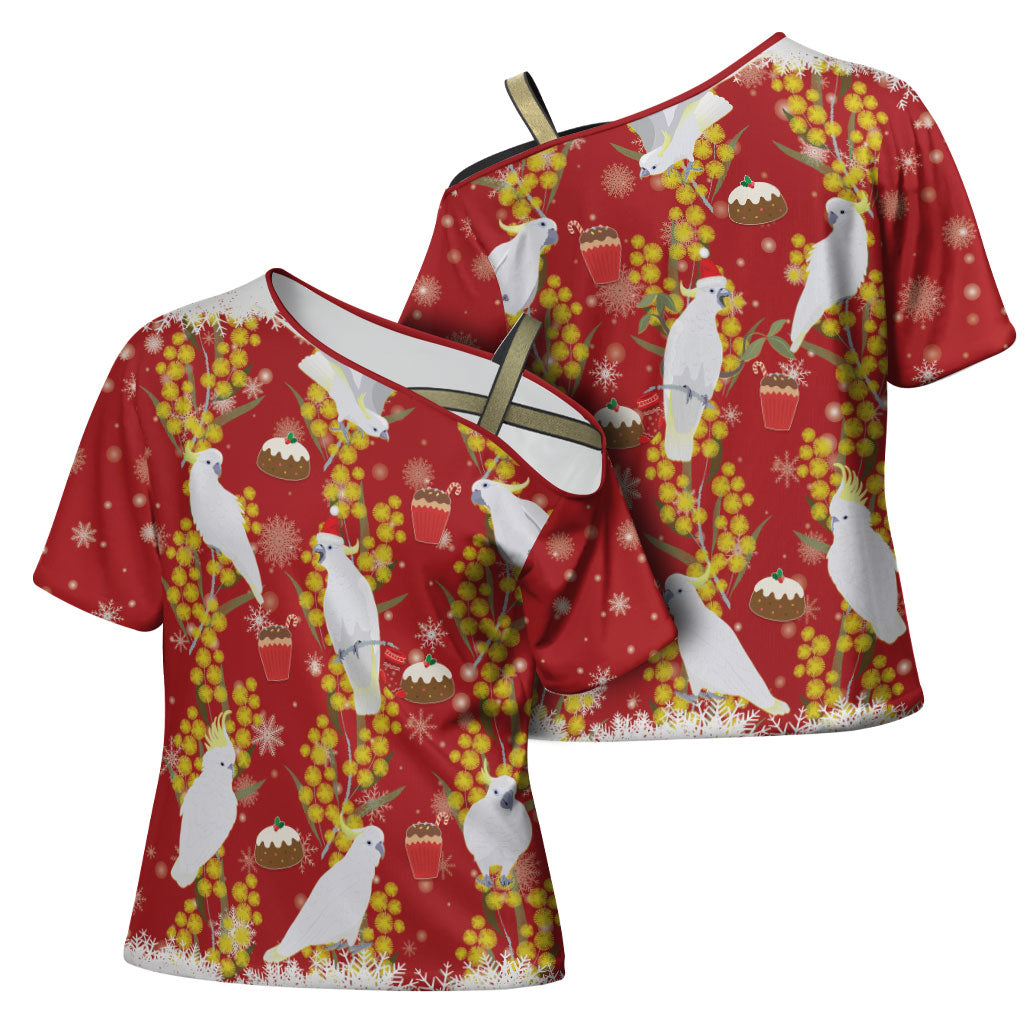 Australia Sulphur-crested Cockatoo Christmas Cross Shoulder Shirt Aussie Golden Wattle Seamless Style