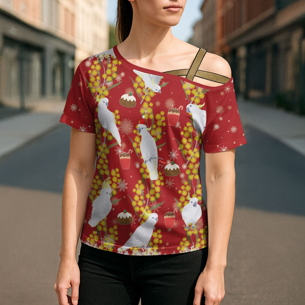 Australia Sulphur-crested Cockatoo Christmas Cross Shoulder Shirt Aussie Golden Wattle Seamless Style