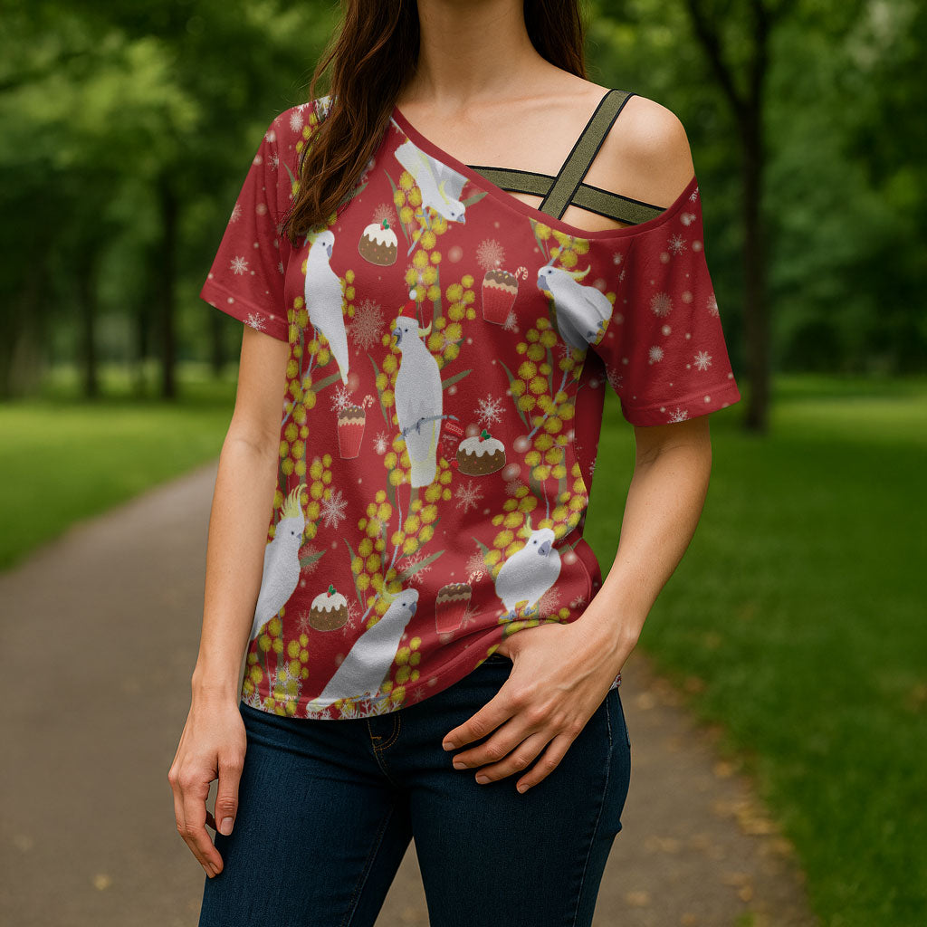 Australia Sulphur-crested Cockatoo Christmas Cross Shoulder Shirt Aussie Golden Wattle Seamless Style
