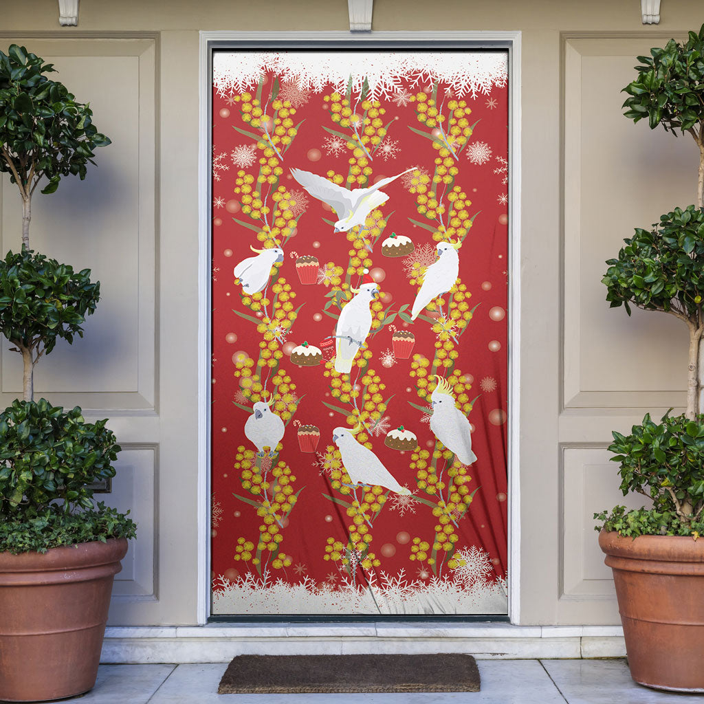 Australia Sulphur-crested Cockatoo Christmas Door Cover Aussie Golden Wattle Seamless Style