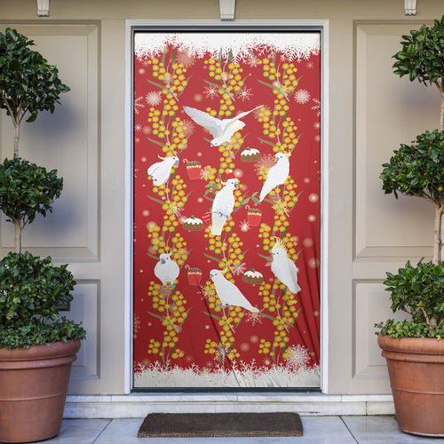 Australia Sulphur-crested Cockatoo Christmas Door Cover Aussie Golden Wattle Seamless Style