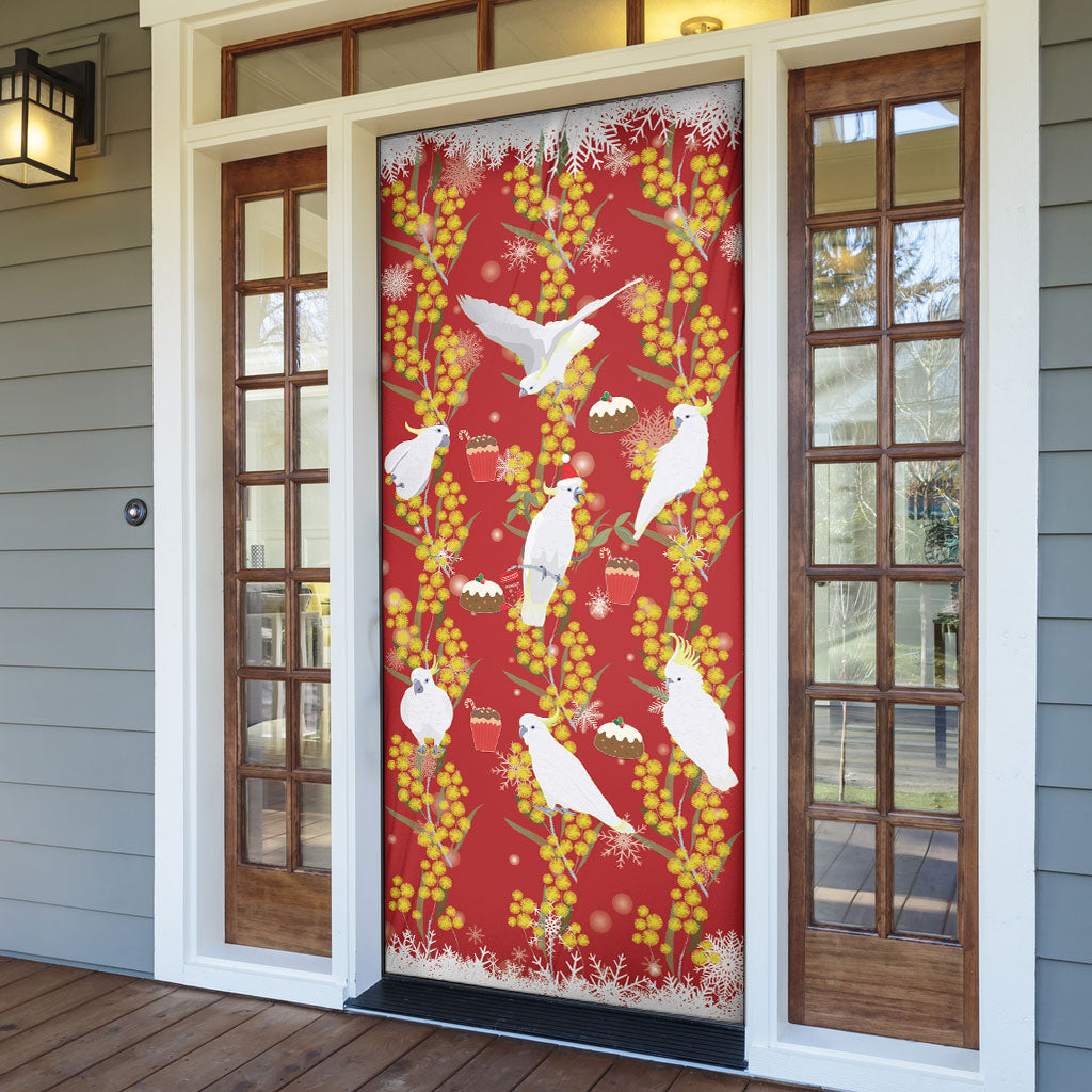 Australia Sulphur-crested Cockatoo Christmas Door Cover Aussie Golden Wattle Seamless Style