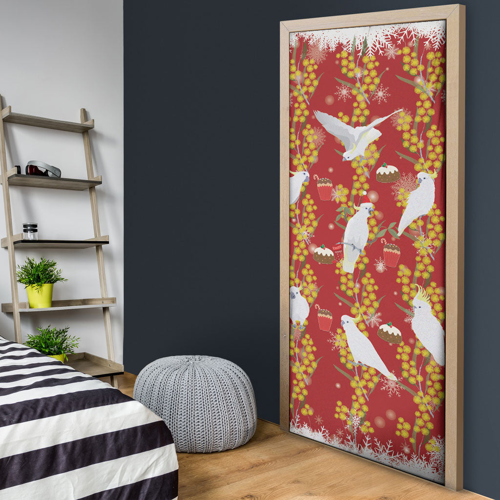 Australia Sulphur-crested Cockatoo Christmas Door Cover Aussie Golden Wattle Seamless Style