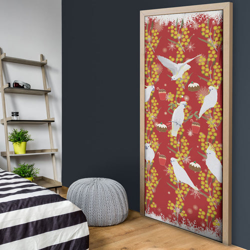 Australia Sulphur-crested Cockatoo Christmas Door Cover Aussie Golden Wattle Seamless Style