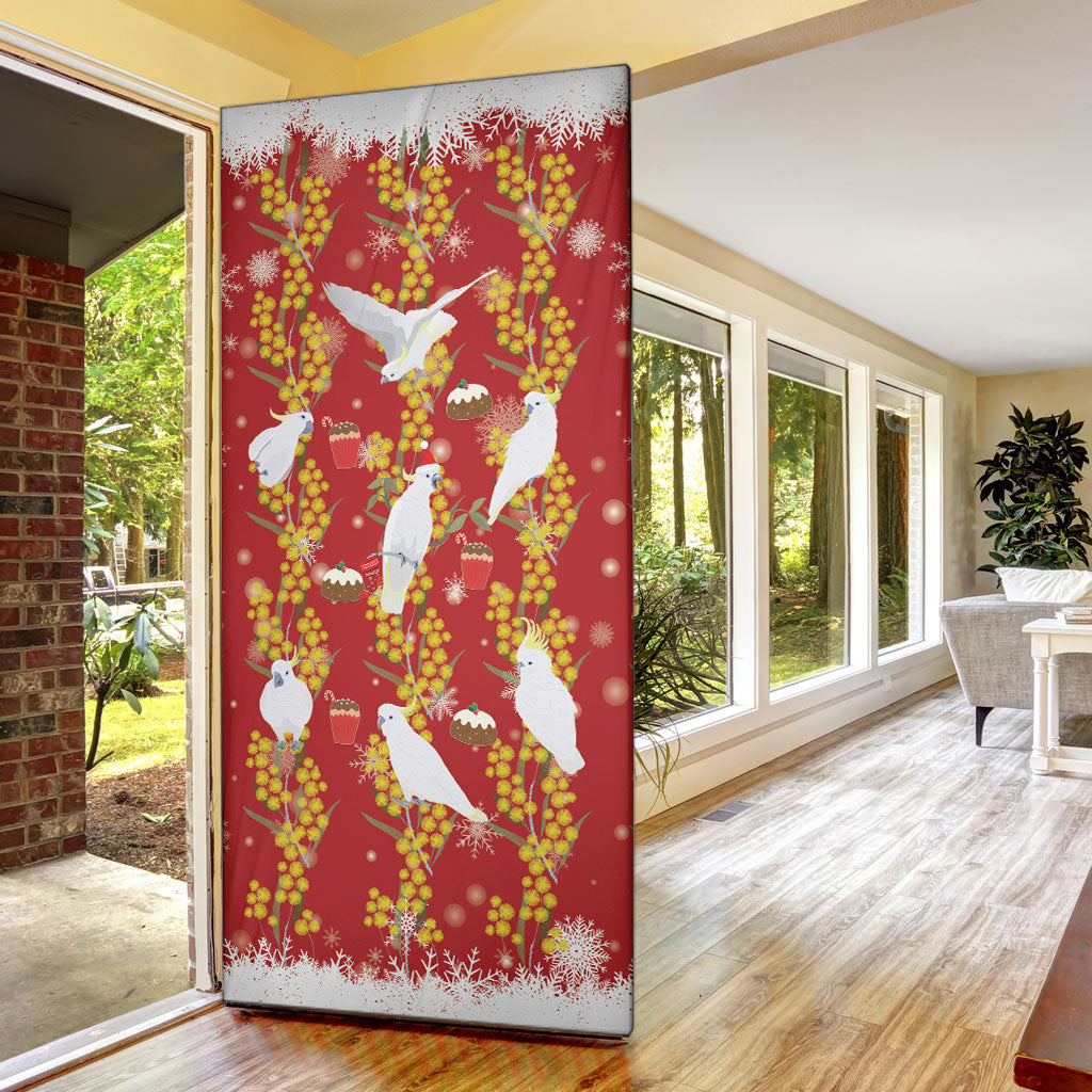 Australia Sulphur-crested Cockatoo Christmas Door Cover Aussie Golden Wattle Seamless Style