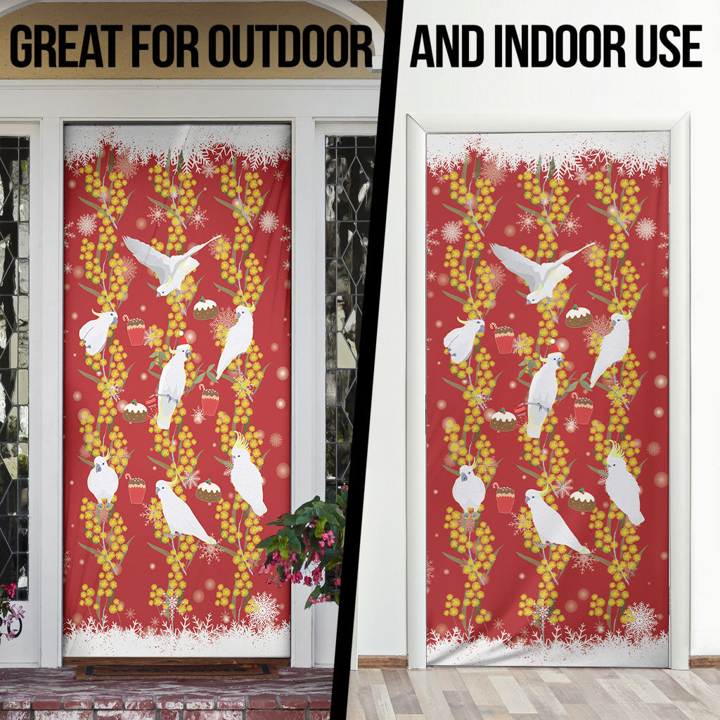 Australia Sulphur-crested Cockatoo Christmas Door Cover Aussie Golden Wattle Seamless Style