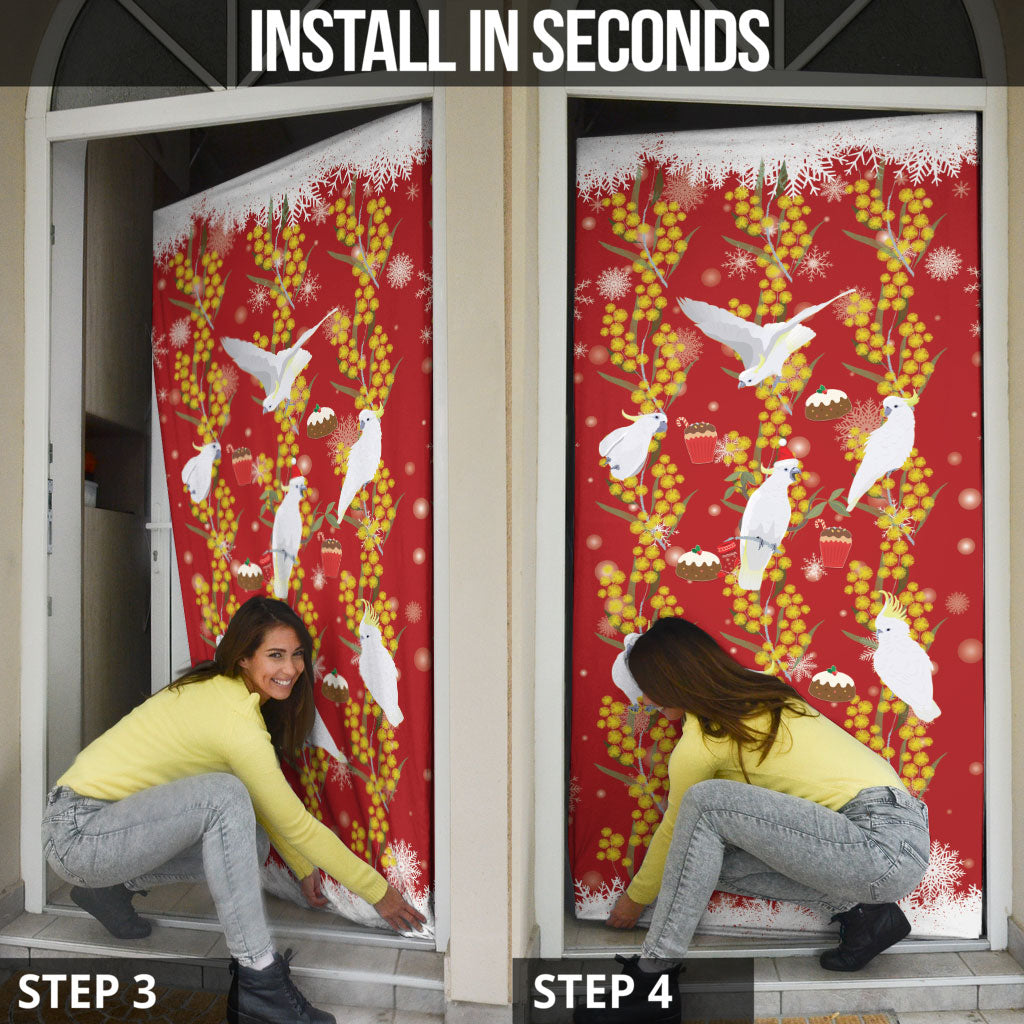 Australia Sulphur-crested Cockatoo Christmas Door Cover Aussie Golden Wattle Seamless Style