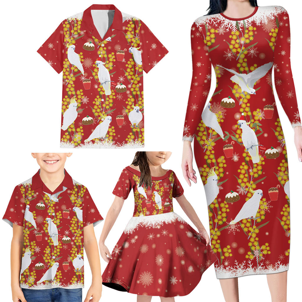 Australia Sulphur-crested Cockatoo Christmas Family Matching Long Sleeve Bodycon Dress and Hawaiian Shirt Aussie Golden Wattle Seamless Style