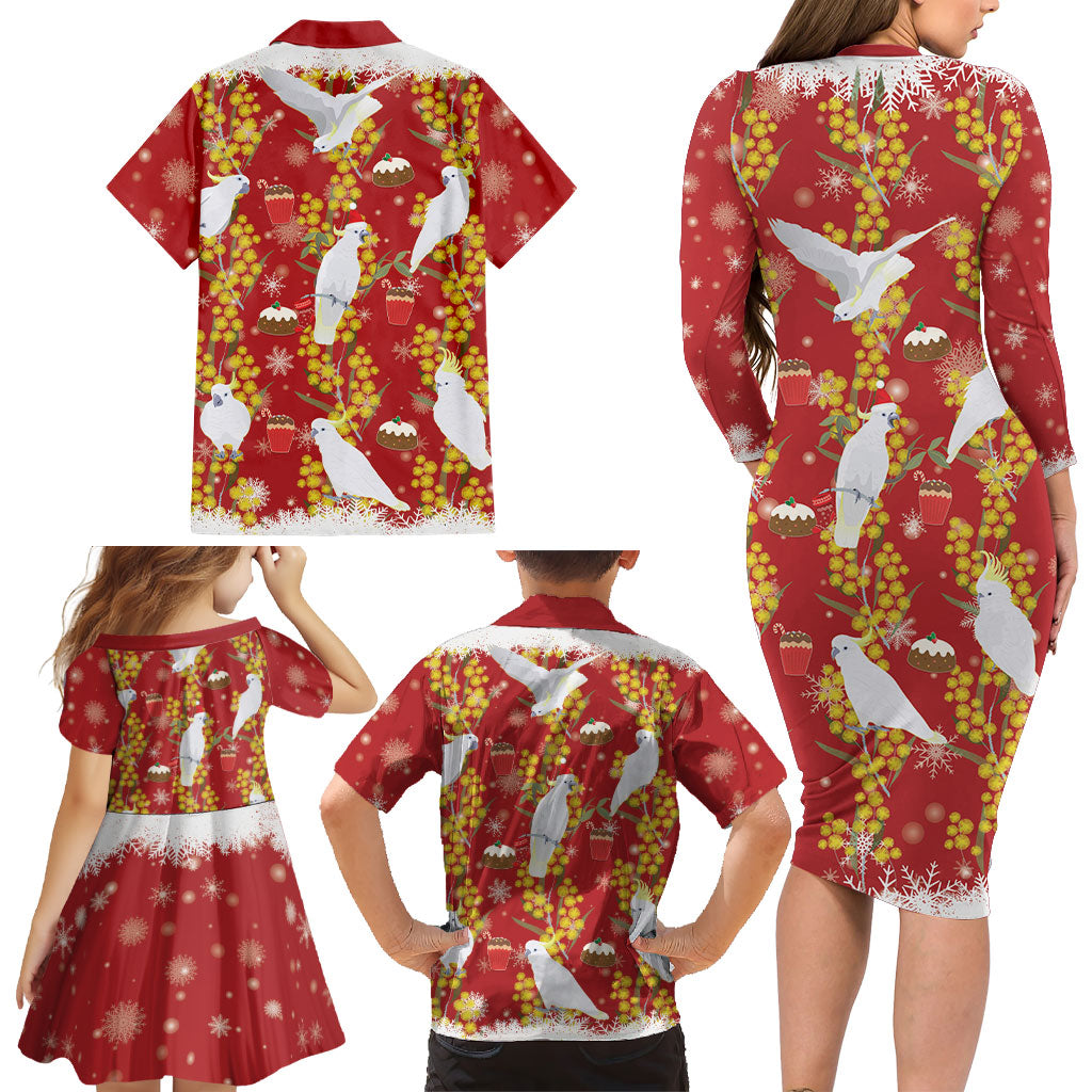 Australia Sulphur-crested Cockatoo Christmas Family Matching Long Sleeve Bodycon Dress and Hawaiian Shirt Aussie Golden Wattle Seamless Style