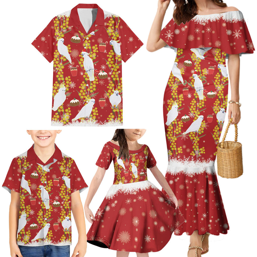 Australia Sulphur-crested Cockatoo Christmas Family Matching Mermaid Dress and Hawaiian Shirt Aussie Golden Wattle Seamless Style
