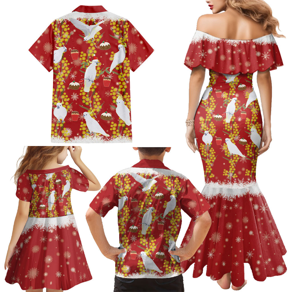 Australia Sulphur-crested Cockatoo Christmas Family Matching Mermaid Dress and Hawaiian Shirt Aussie Golden Wattle Seamless Style