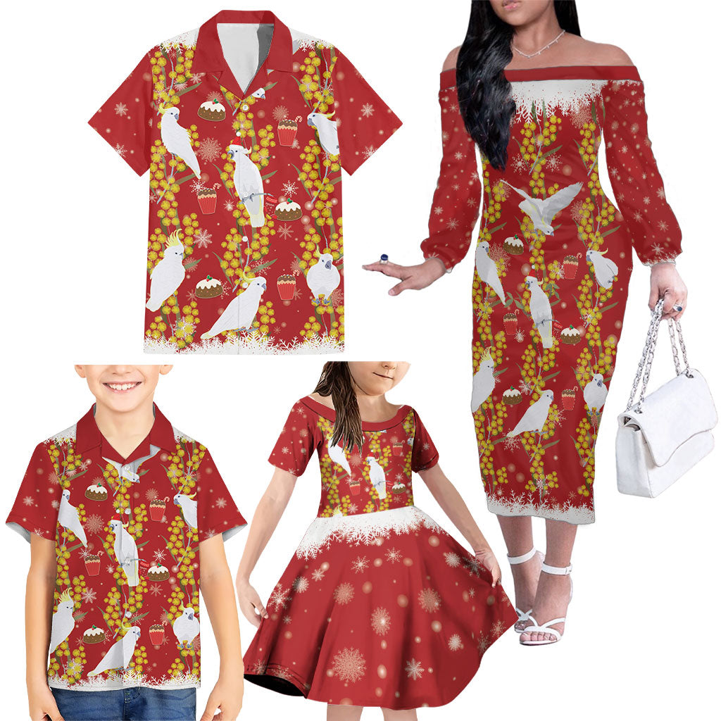 Australia Sulphur-crested Cockatoo Christmas Family Matching Off The Shoulder Long Sleeve Dress and Hawaiian Shirt Aussie Golden Wattle Seamless Style