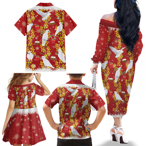 Australia Sulphur-crested Cockatoo Christmas Family Matching Off The Shoulder Long Sleeve Dress and Hawaiian Shirt Aussie Golden Wattle Seamless Style