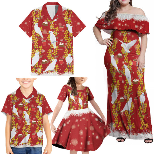 Australia Sulphur-crested Cockatoo Christmas Family Matching Off Shoulder Maxi Dress and Hawaiian Shirt Aussie Golden Wattle Seamless Style