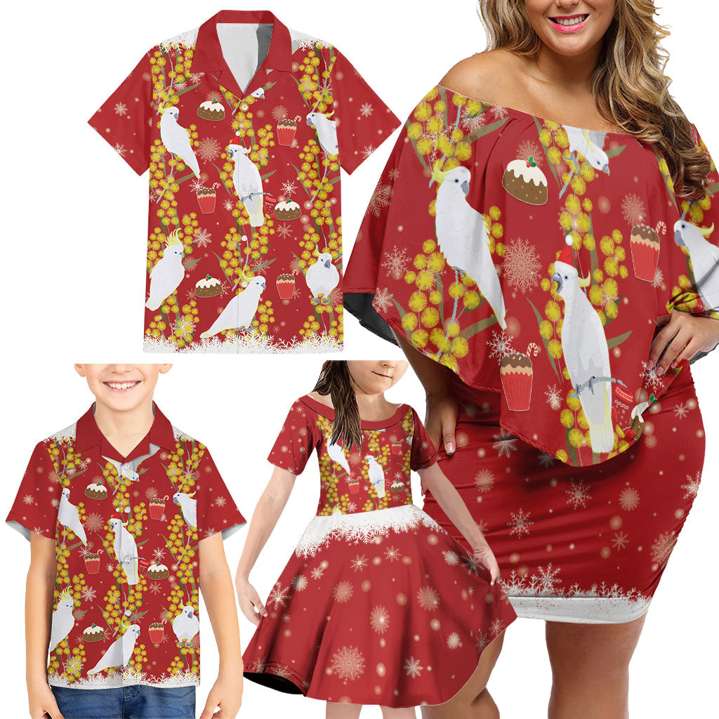 Australia Sulphur-crested Cockatoo Christmas Family Matching Off Shoulder Short Dress and Hawaiian Shirt Aussie Golden Wattle Seamless Style