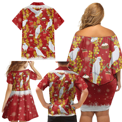 Australia Sulphur-crested Cockatoo Christmas Family Matching Off Shoulder Short Dress and Hawaiian Shirt Aussie Golden Wattle Seamless Style