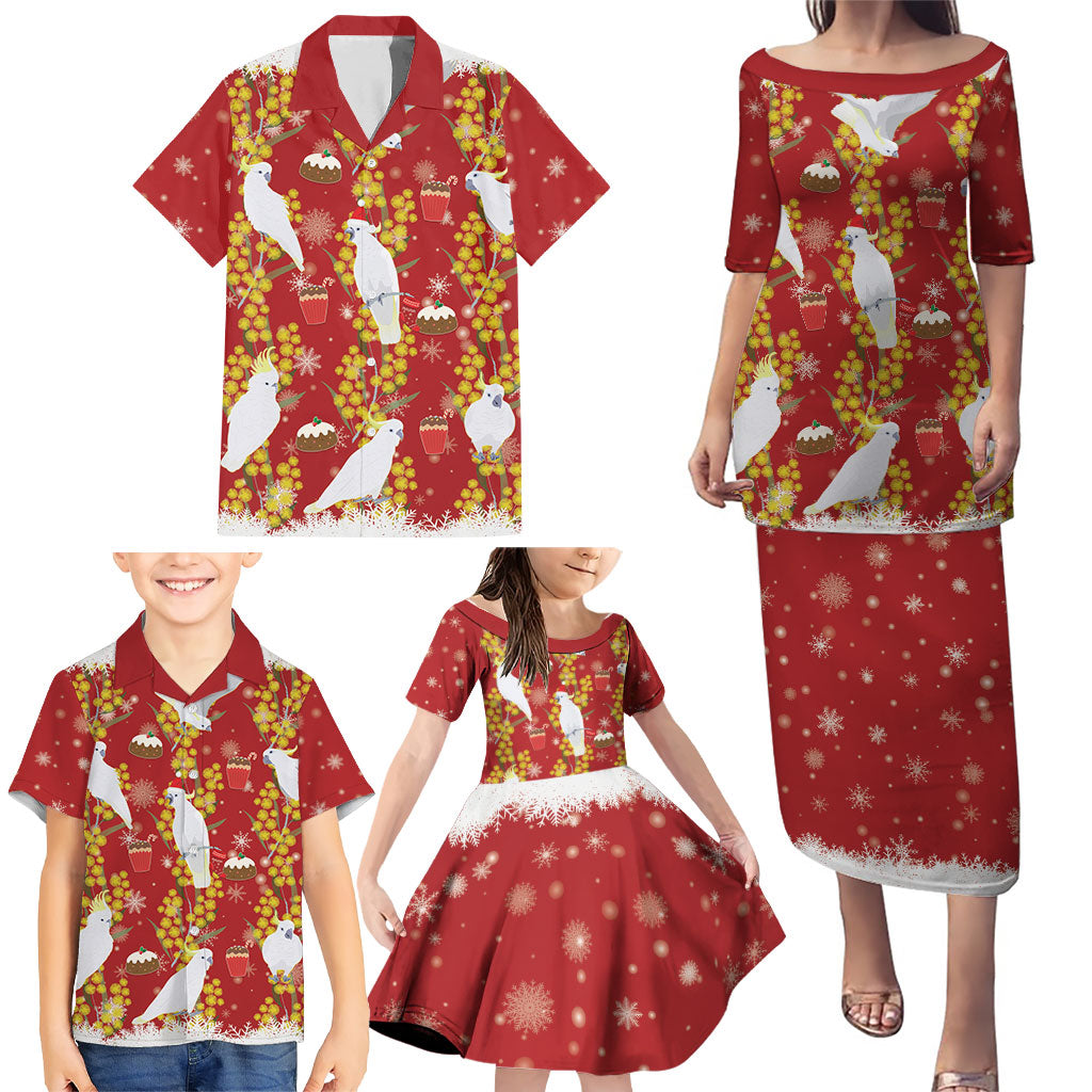 Australia Sulphur-crested Cockatoo Christmas Family Matching Puletasi and Hawaiian Shirt Aussie Golden Wattle Seamless Style
